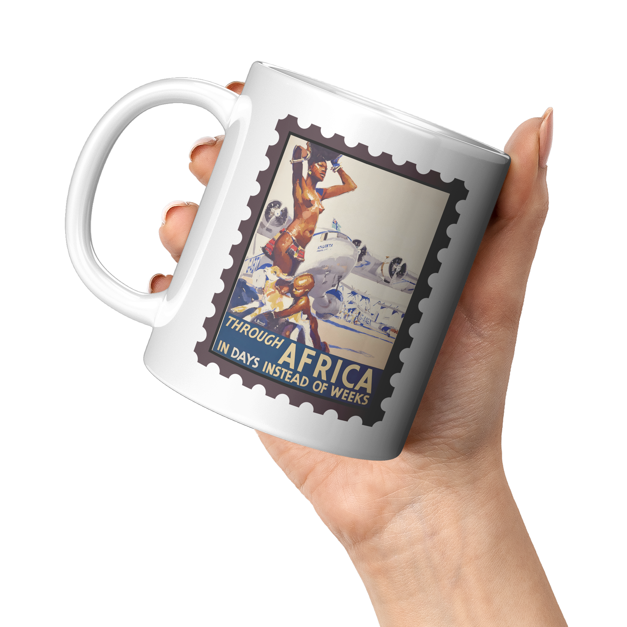1930s_Africa_Travel_Poster_Coffee_Mug_11oz_White_LH_Model_Mockup.png