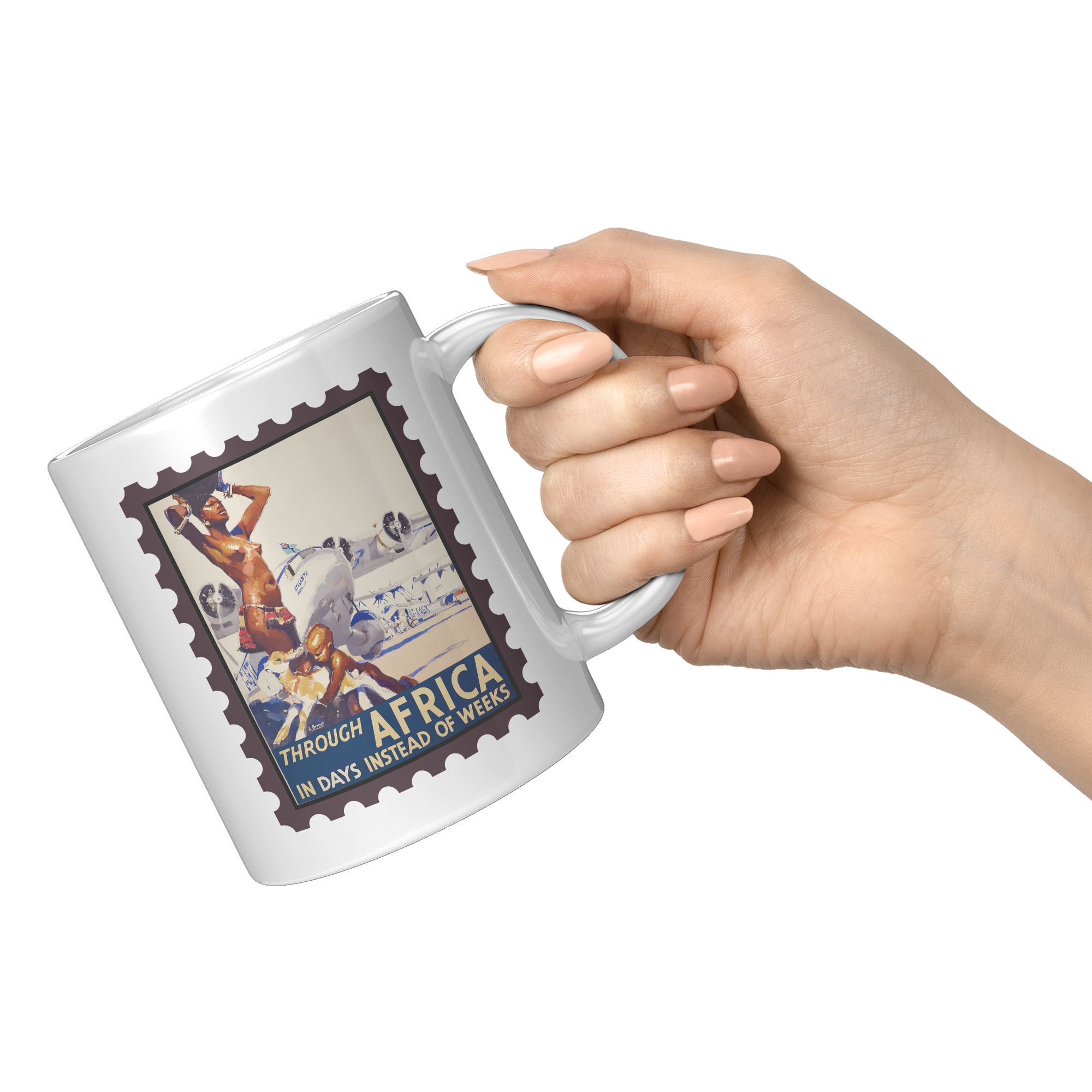1930s_Africa_Travel_Poster_Coffee_Mug_11oz_White_RH_Model_Mockup.png