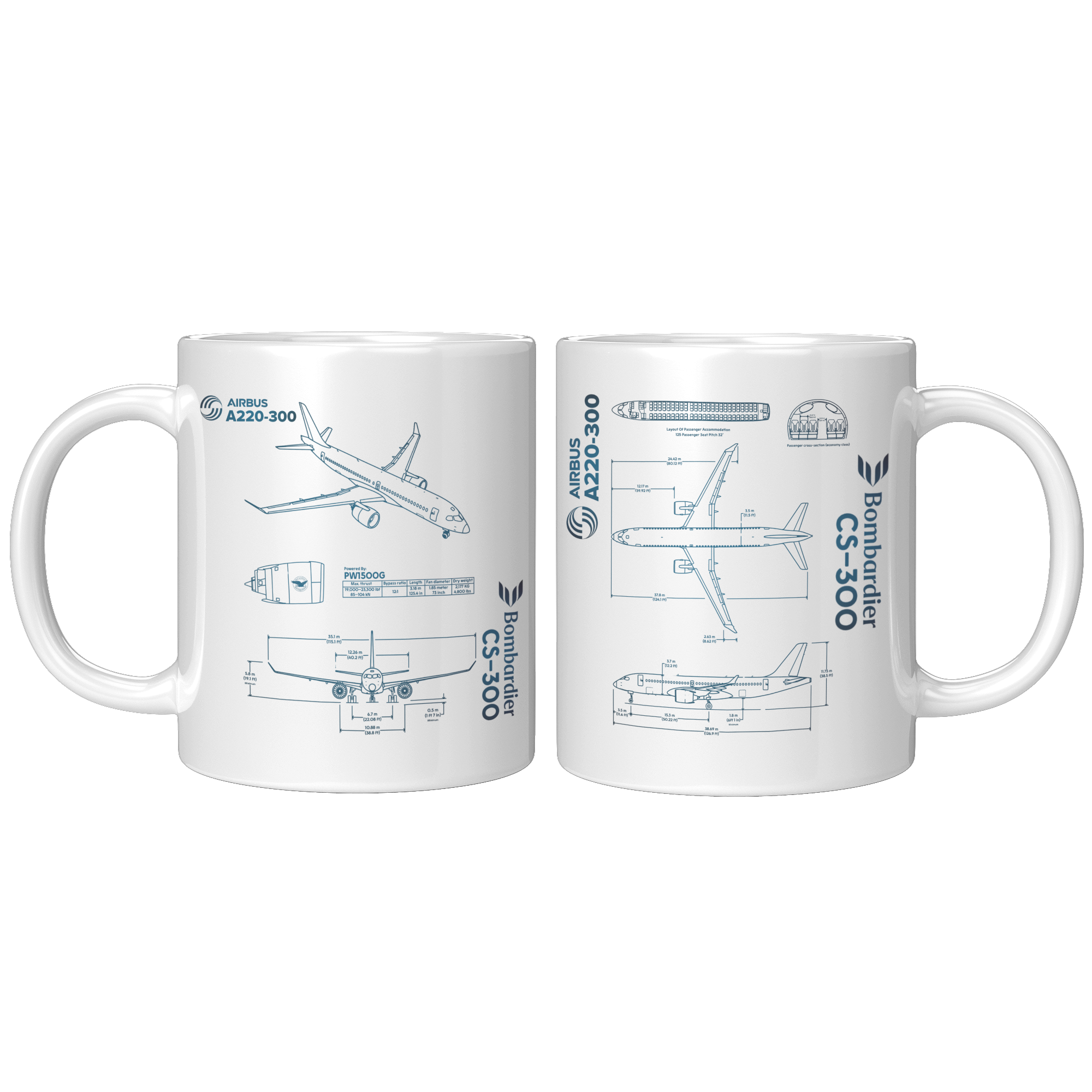 Airbus A220-300 Bombardier CS-300 Schematic Coffee Mug - Aviation Gift