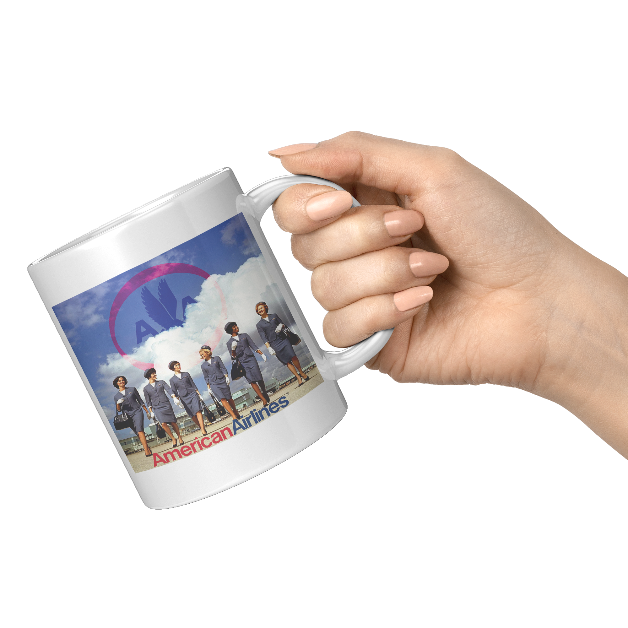 American_Airlines_1960s_Stewardess_Image_11oz_White_RH_Model_Mockup.png