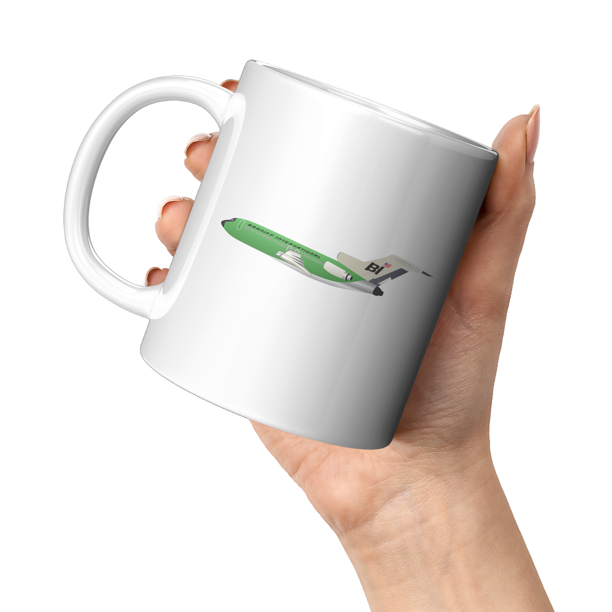 Braniff_727_Coffee_Mug_with_the_Green_Li_11oz_White_LH_Model_Mockup.png