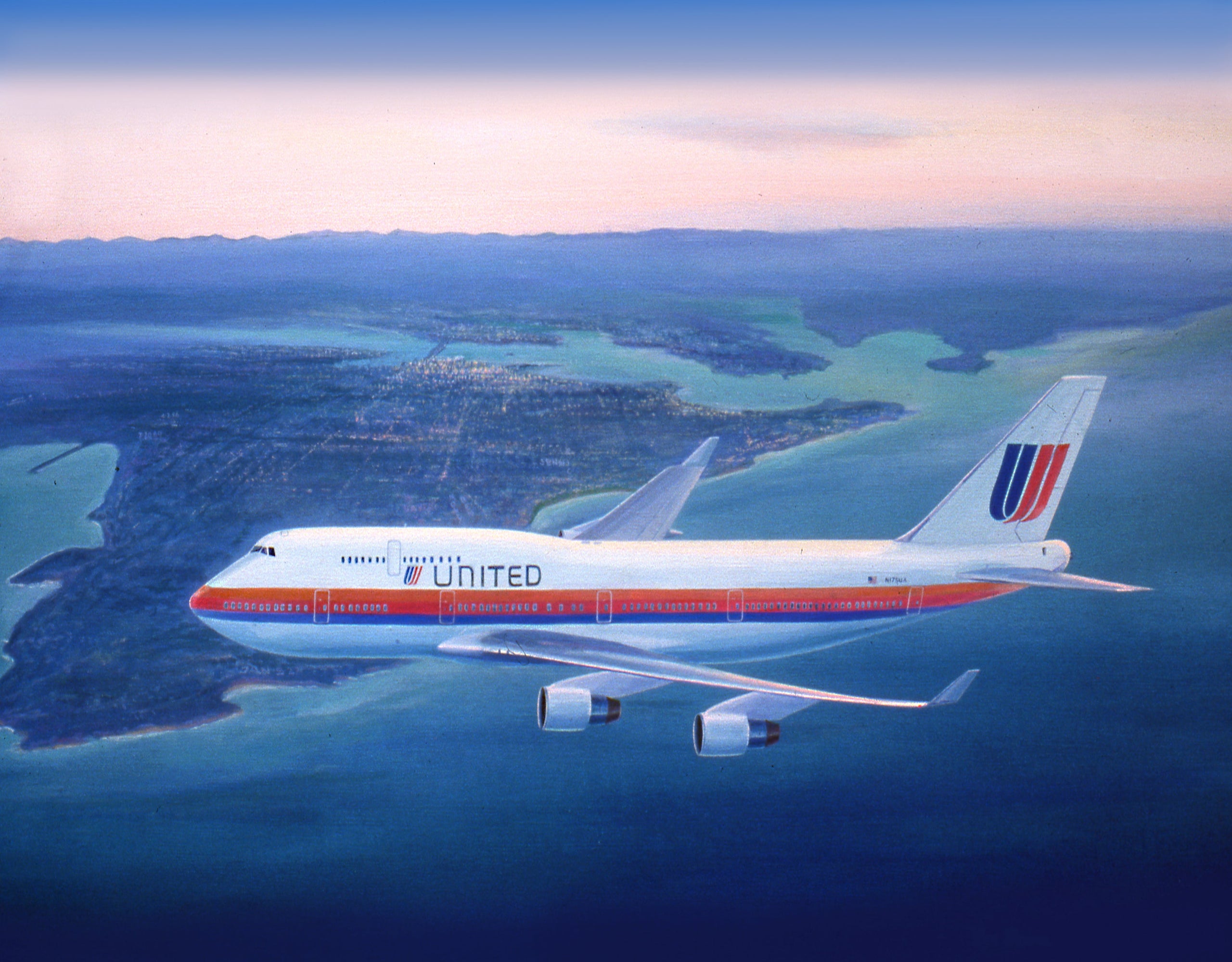 United Airlines 747 Over Sydney Note Cards by Rick Broome - Pack of 12