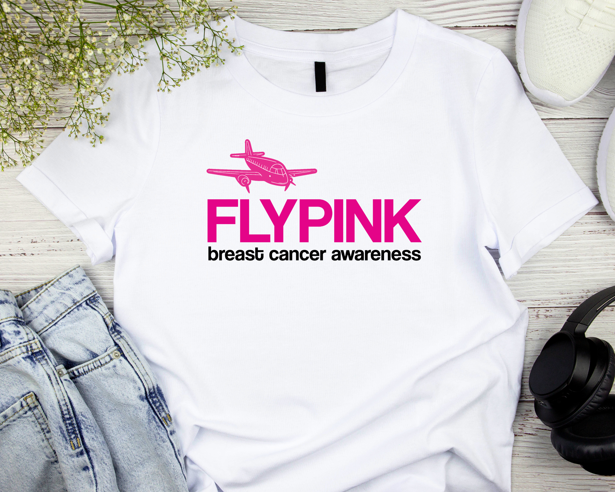FlyPink w/ Plane Breast Cancer Awareness Lightweight Unisex T-shirt