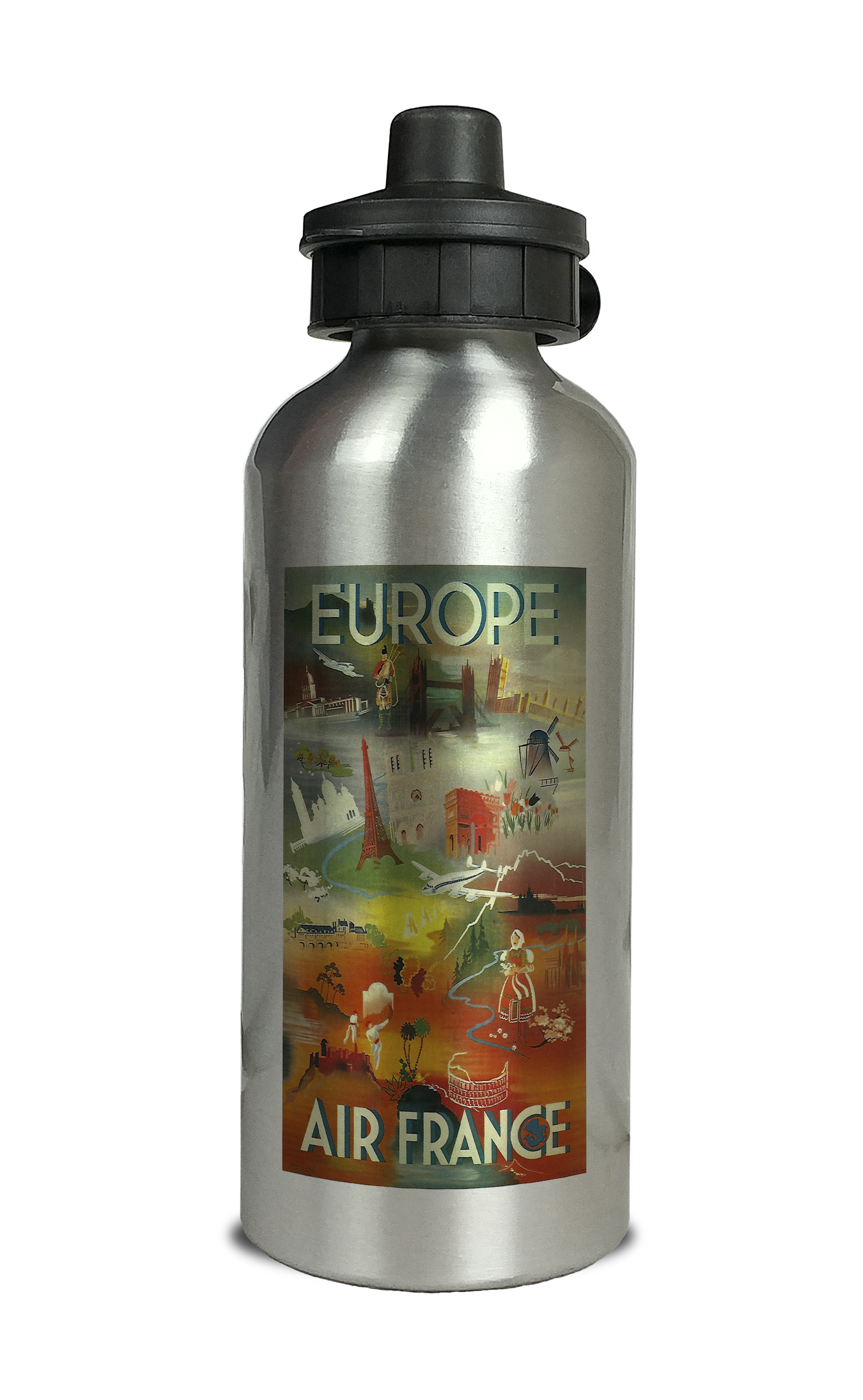 Air France Vintage 1970's Europe Brochure Cover Aluminum Water Bottle