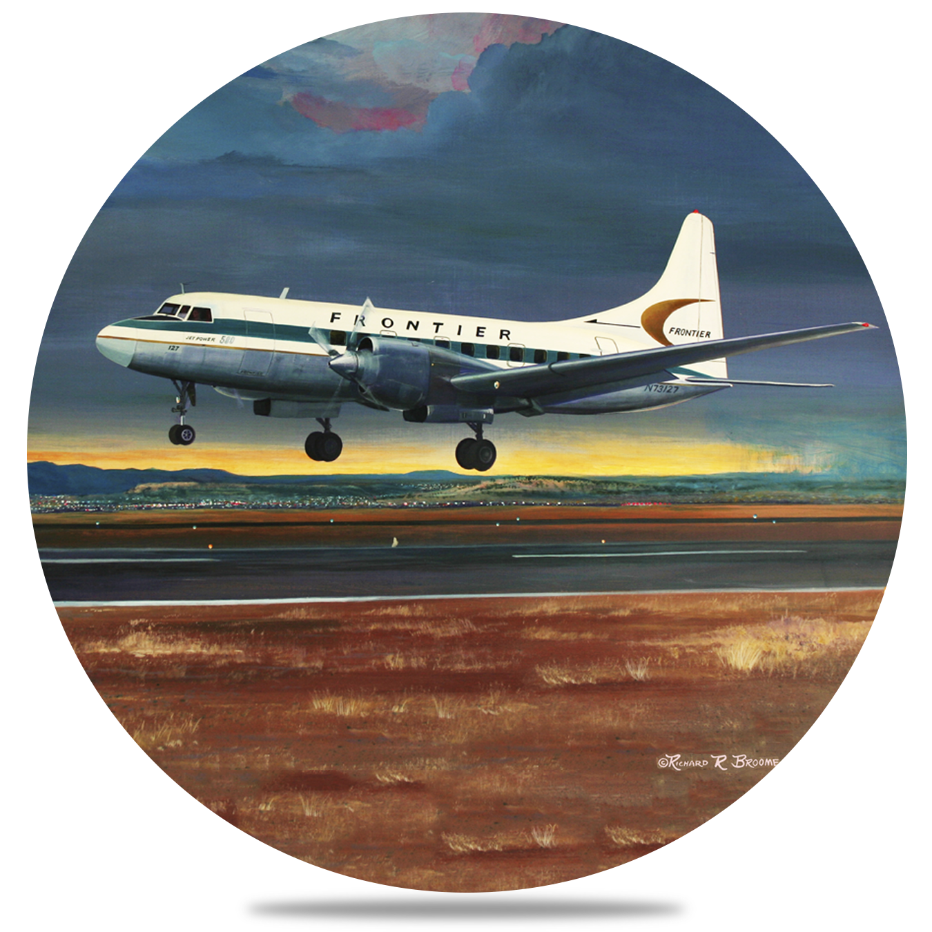 Frontier Airlines 580 Landing Round Sandstone Coaster by Rick Broome