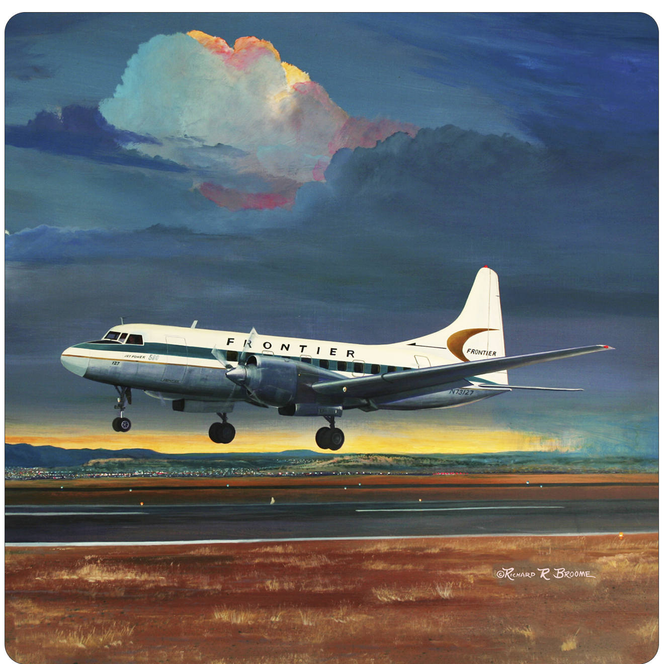 Frontier Airlines 580 Landing Square Sandstone Coaster by Rick Broome