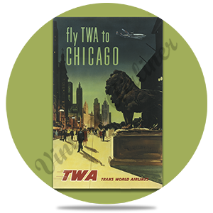 Fly TWA To Chicago Art Institute Lion Original Travel Poster Round Sandstone Coaster