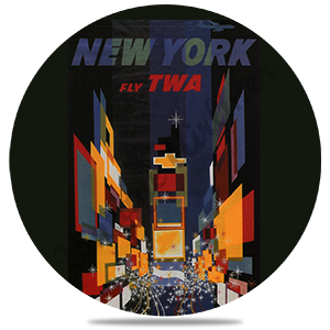 New York Fly TWA Broadway At Night Travel Poster Round Sandstone Coaster