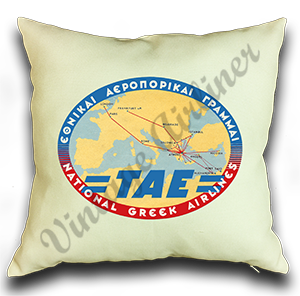 TAE Greek Airlines Vintage Linen Pillow Case Cover
