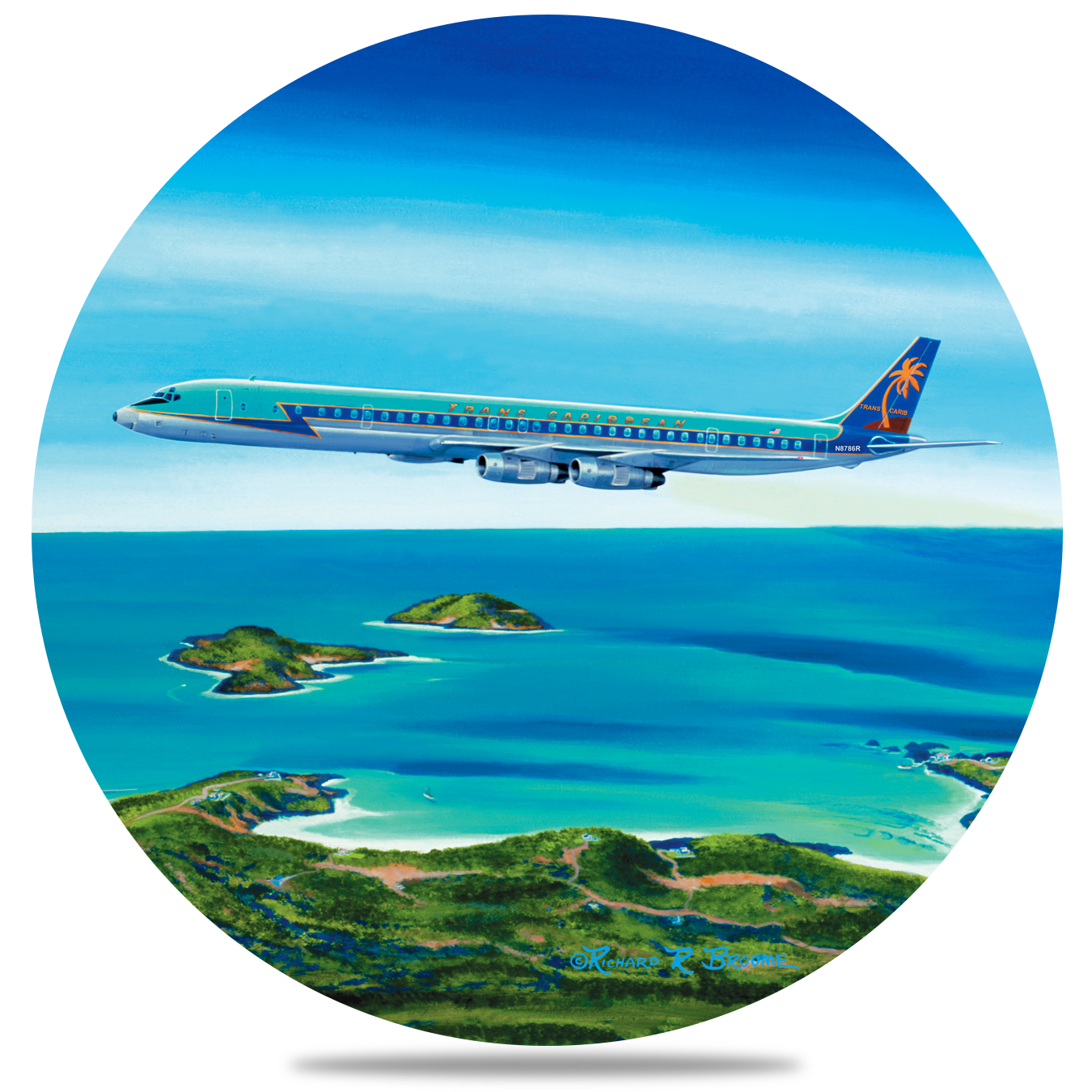 Trans Caribbean Airways DC8 Round Sandstone Coaster by Rick Broome