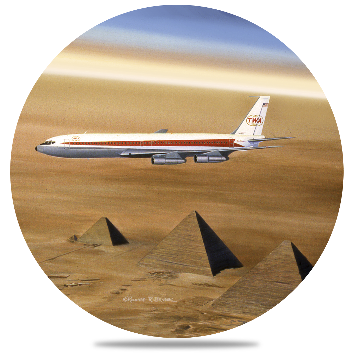TWA 707 over the Pyramids Round Sandstone Coaster by Rick Broome
