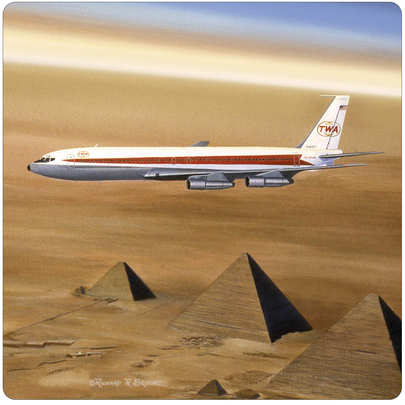 TWA 707 over the Pyramids Square Sandstone Coaster by Rick Broome