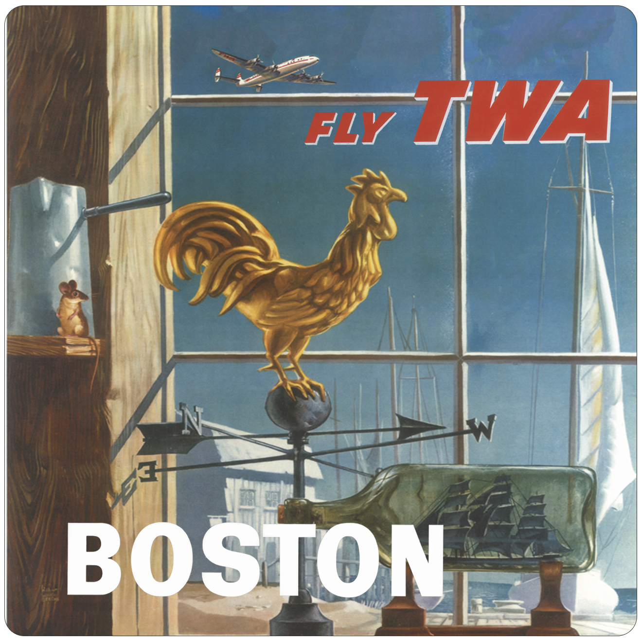 Fly TWA Boston Weathervane Original Travel Poster Square Sandstone Coaster