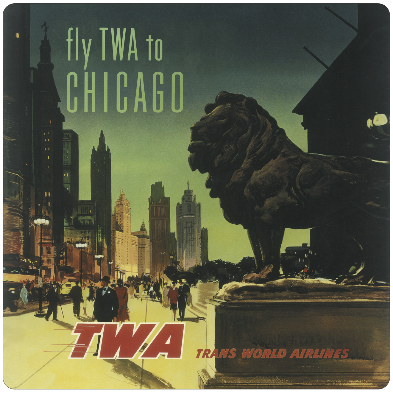 Fly TWA To Chicago Art Institute Lion Original Travel Poster Square Sandstone Coaster
