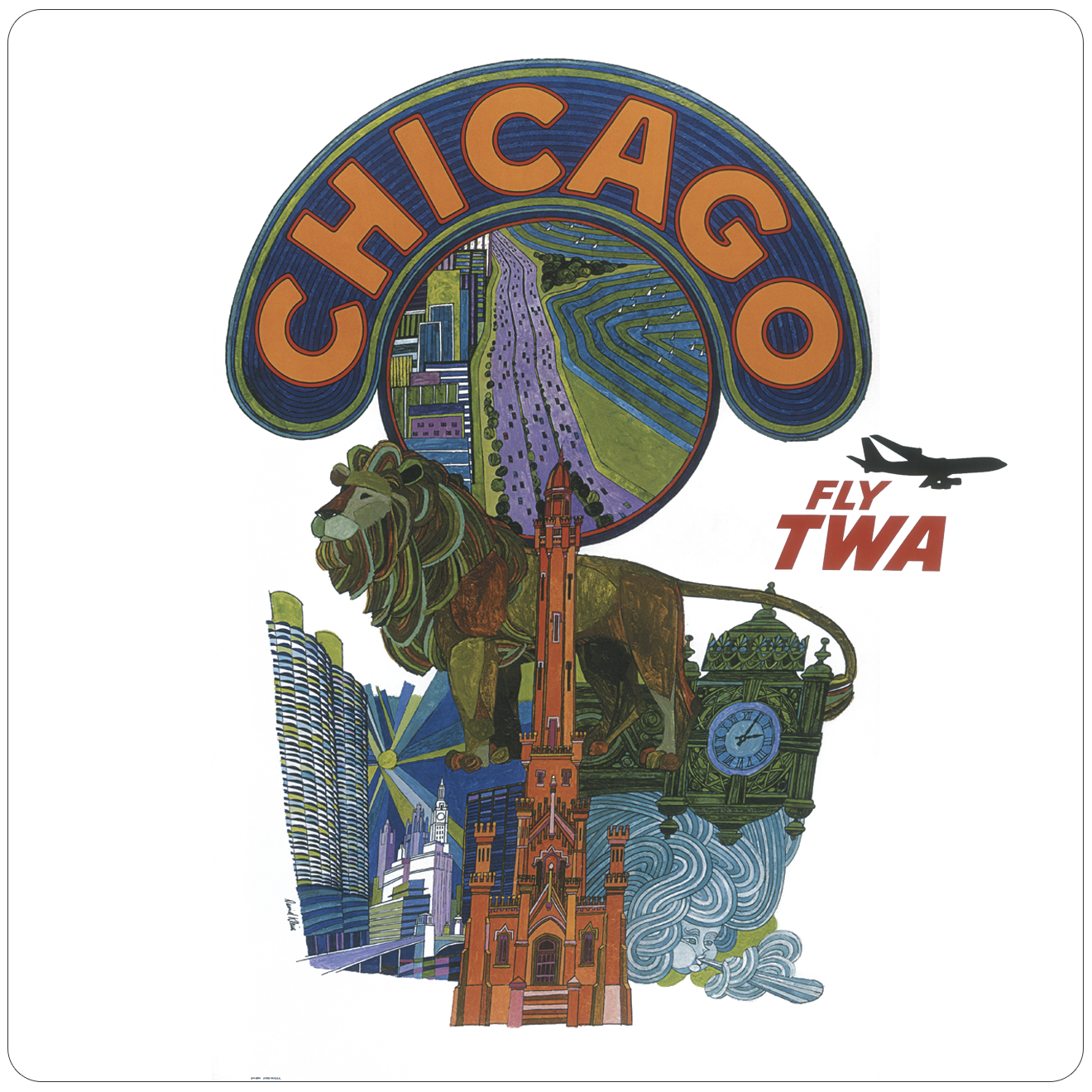 TWA Chicago Travel Poster Square Sandstone Coaster