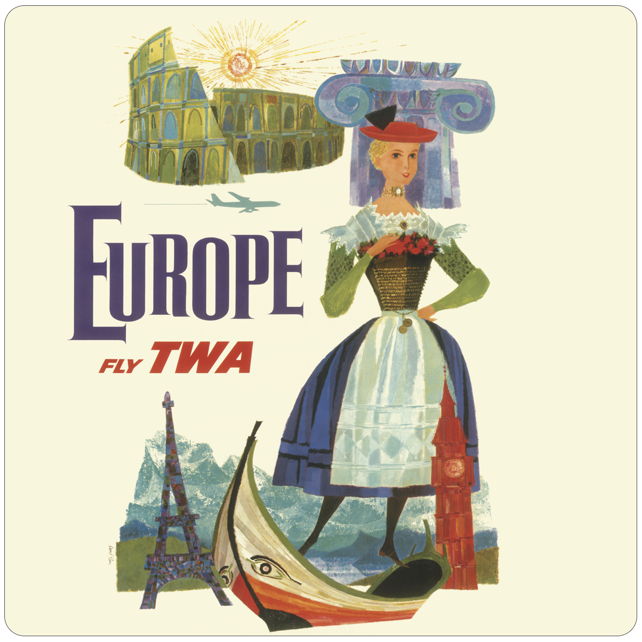 Fly TWA France Couture Original Travel Poster Square Sandstone Coaster