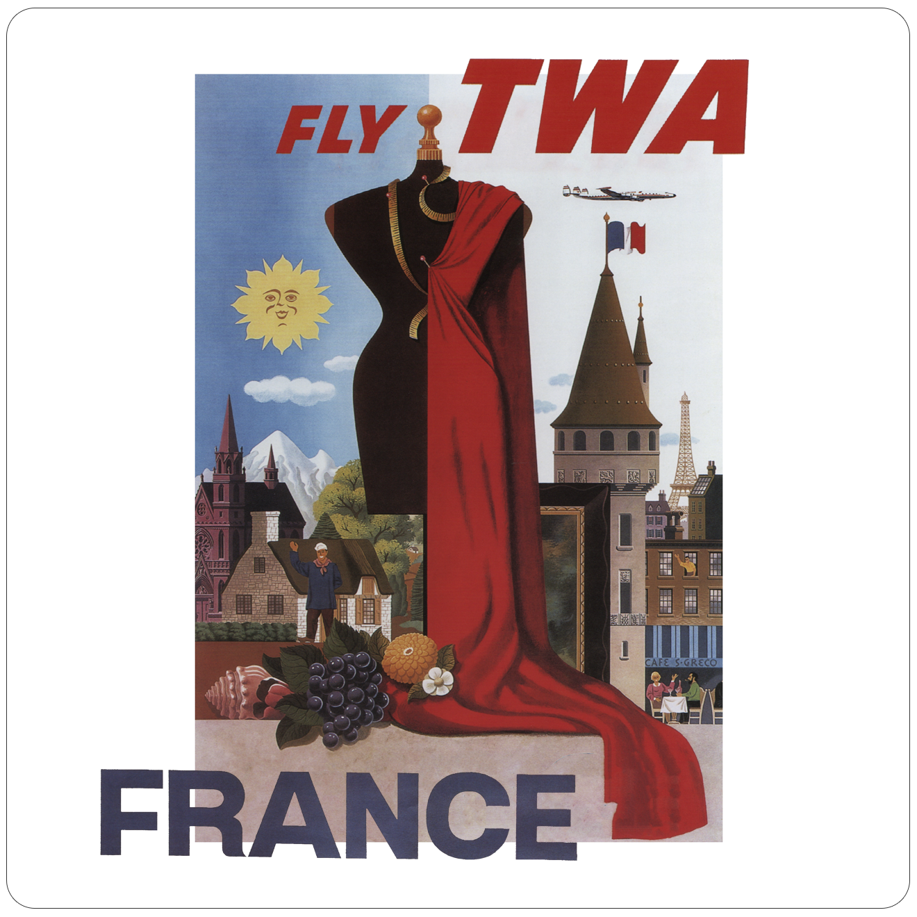 Fly TWA France Couture Original Travel Poster Square Sandstone Coaster