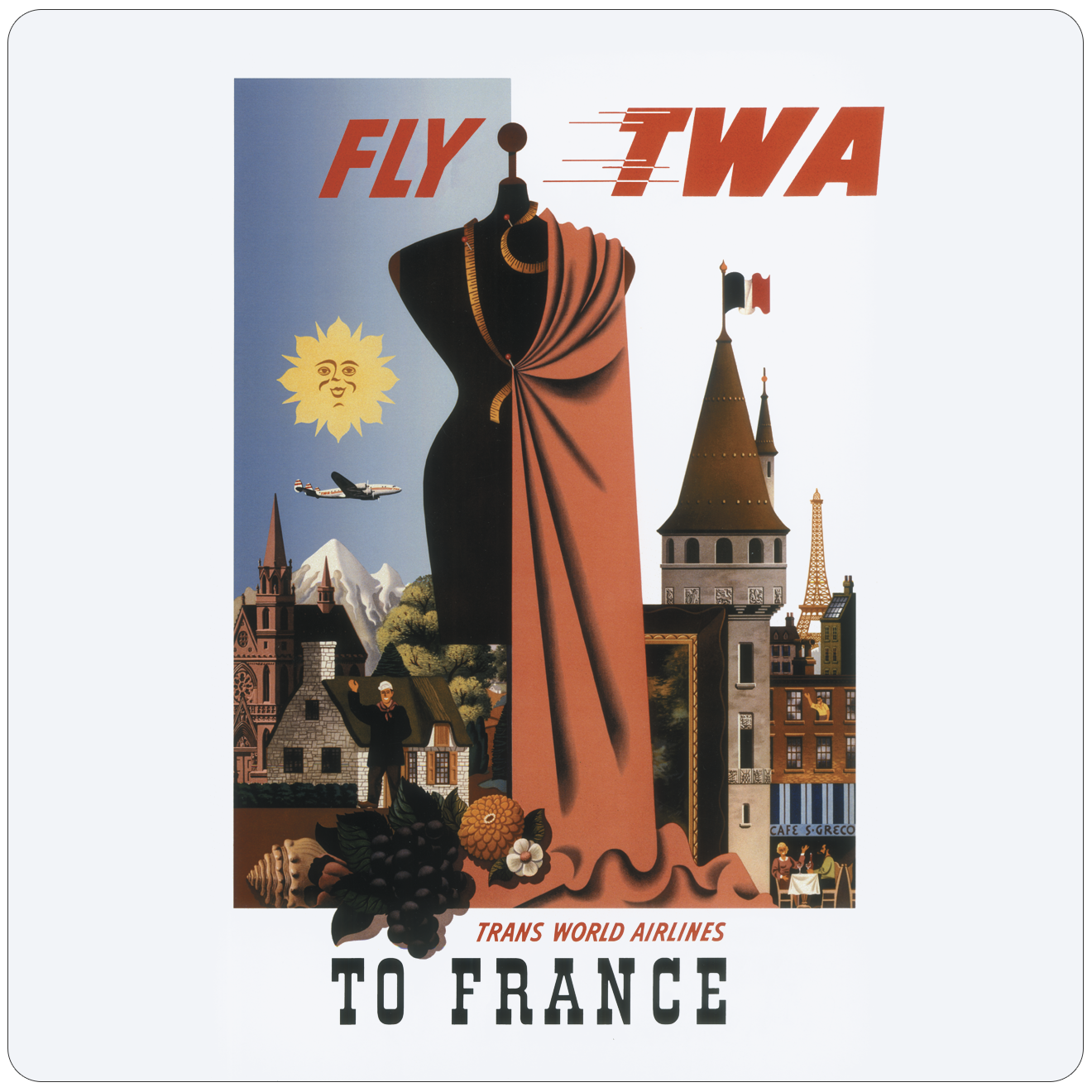 TWA 1952 France Travel Poster Square Sandstone Coaster