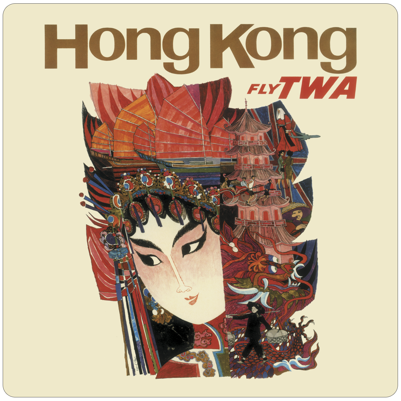 TWA Hong Kong Travel Poster Square Sandstone Coaster