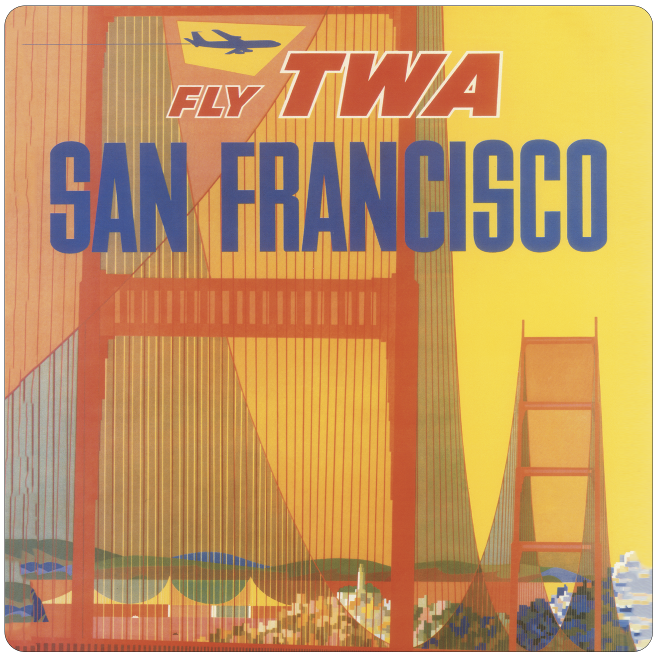TWA San Francisco 1960's Travel Poster Square Sandstone Coaster