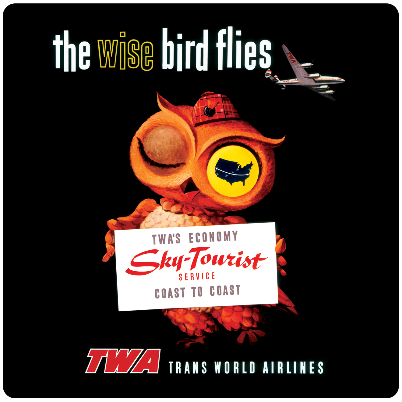 TWA 1950's Wise Owl Sky Tourist Travel Poster Square Sandstone Coaster