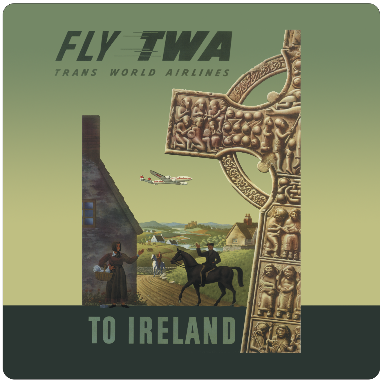 TWA 1950's Ireland Vintage Travel Poster Square Sandstone Coaster