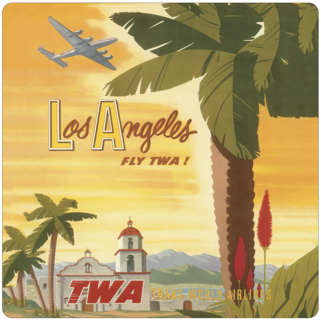 TWA 1956 Los Angeles Vintage Travel Poster Square Sandstone Coaster