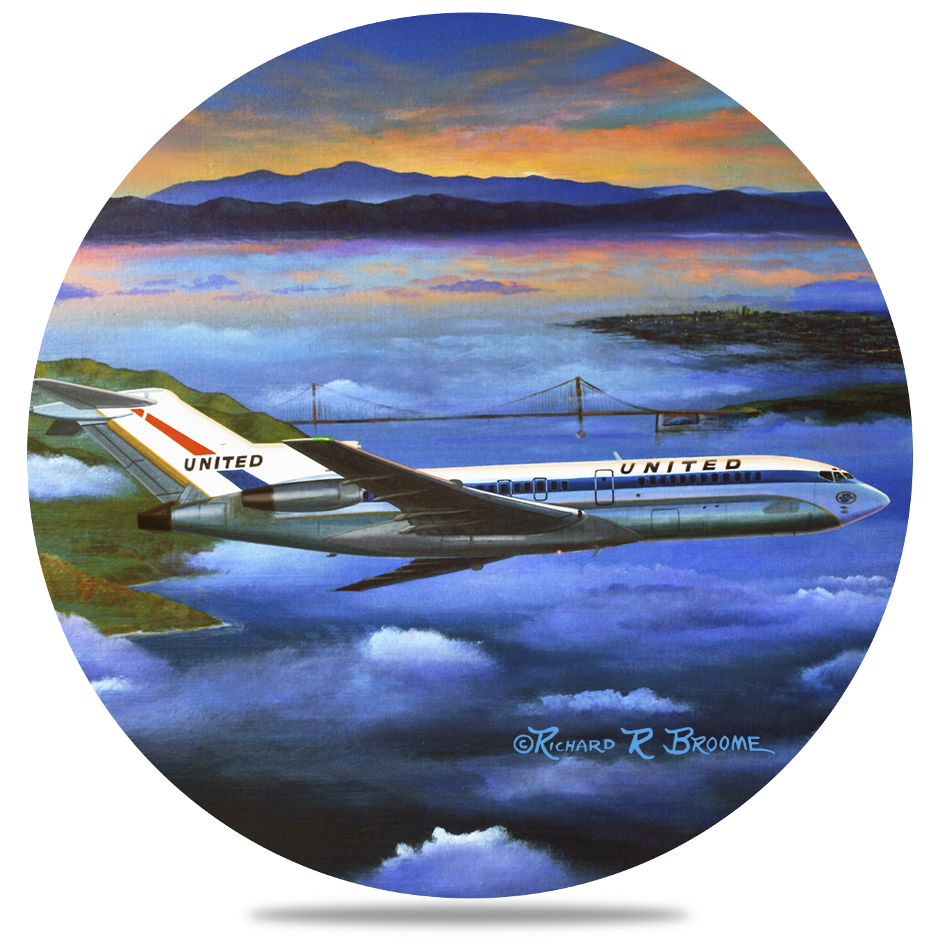 United Airlines 727 Round Sandstone Coaster by Rick Broome
