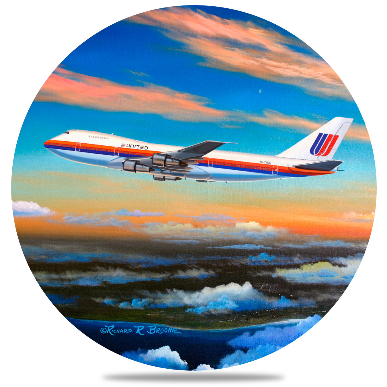 United Airlines 747 Round Sandstone Coaster by Rick Broome