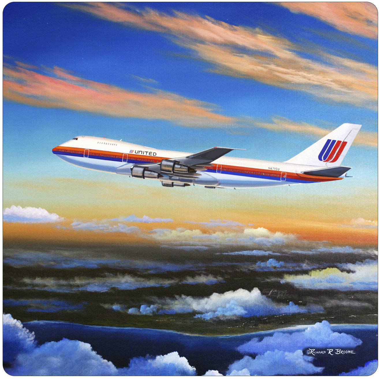 United Airlines 747 Square Sandstone Coaster by Rick Broome