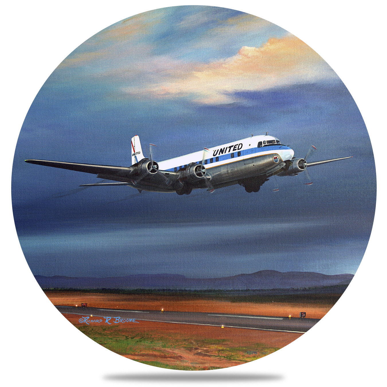 United Airlines DC6 Round Sandstone Coaster by Rick Broome