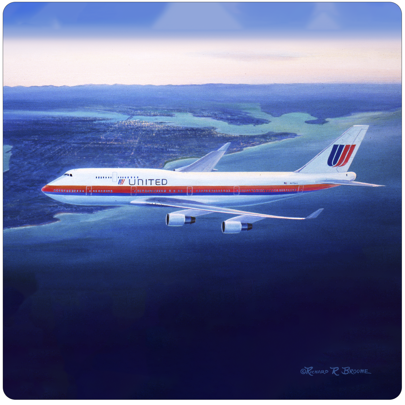 United Airlines 747 Over Sydney Square Sandstone Coaster by Rick Broome