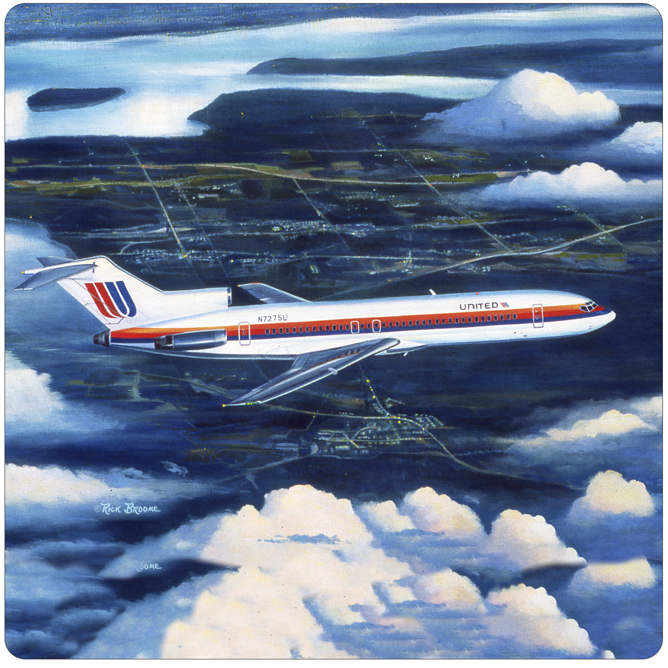 United Airlines 727 Tulip Livery Square Sandstone Coaster by Rick Broome
