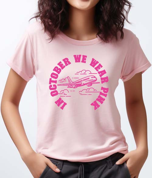 "In October We Wear Pink" w/ Plane Breast Cancer Awareness Lightweight Unisex T-shirt